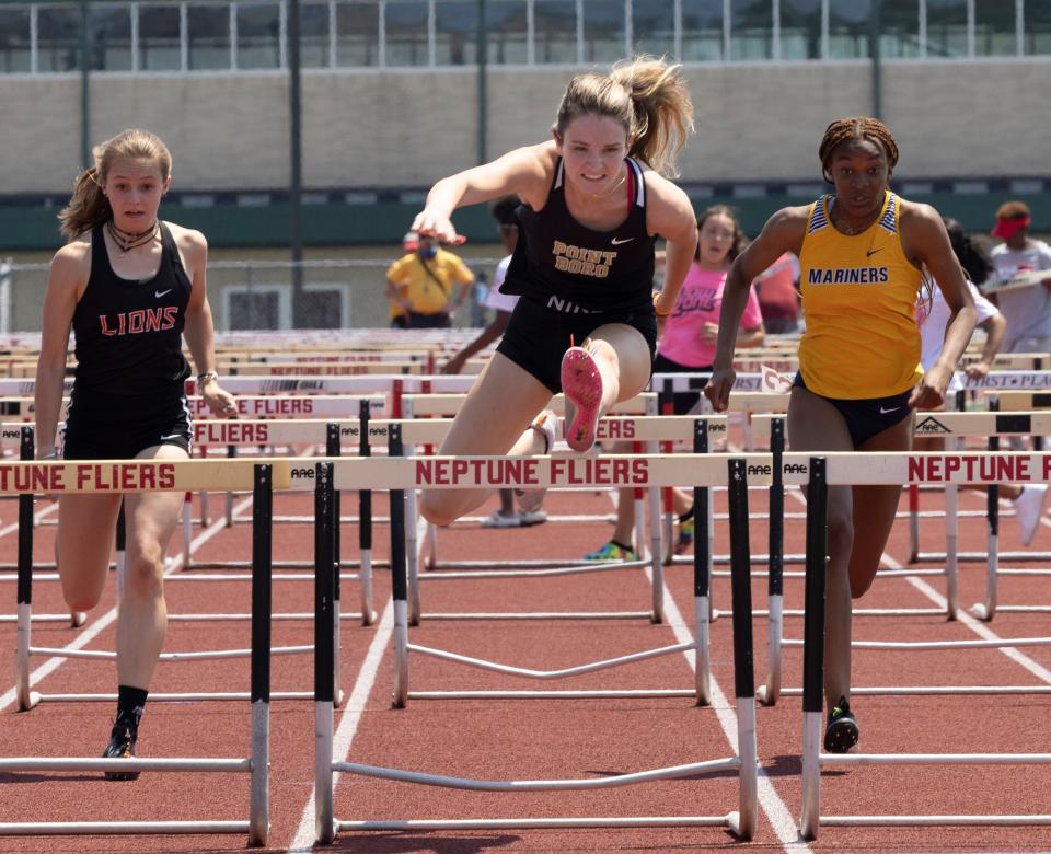 Shea Burke of Point Pleasant Bro takes first in the Girls 100hurdles at the Shore Conference Outdoor Track and Field Championships in Neptune, NJ on May 21, 2022. 