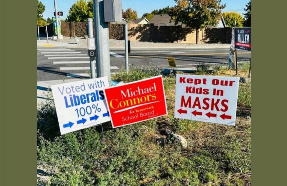 A complaint has been filed with the Washington Public Disclosure Commission claiming that campaign signs placed adjacent to those belonging to Mike Connors are false and a “blatant attempt to deceive the public.” Courtesy Washington Public Disclosure Commission