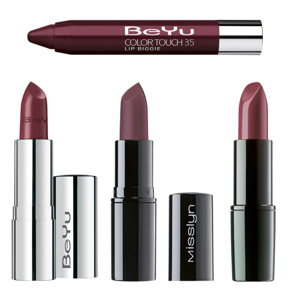 Für jede Lady der richtige (Farbton) dabei: Oben: Color Touch Lip Biggie von BeYu (Wicked Berry Nr. 35, ca. 10 Euro) Links: Hydro Star Volume Lipstick von BeYu (Hot Cherry Nr. 382, ca. 11 Euro) Mitte: ein matter Lippenstift von Misslyn (Opera Diva Nr. 113, ca. 6 Euro)   Rechts: Lippenstift von Artdeco (Farbe Autumn Flower Nr. 32, ca. 10 Euro)