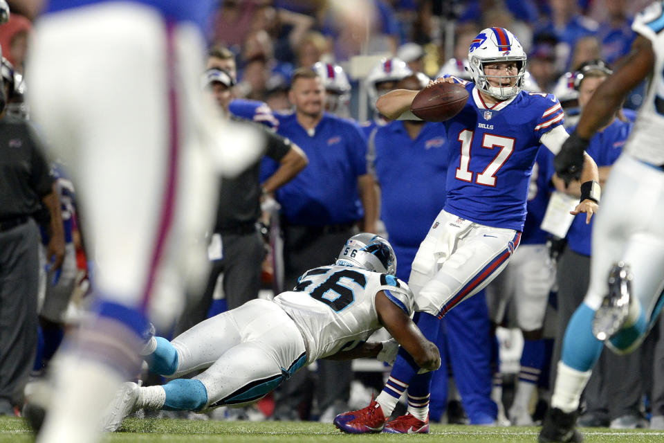 Buffalo Bills quarterback Josh Allen (17) made some impressive throws in his preseason debut. (AP)