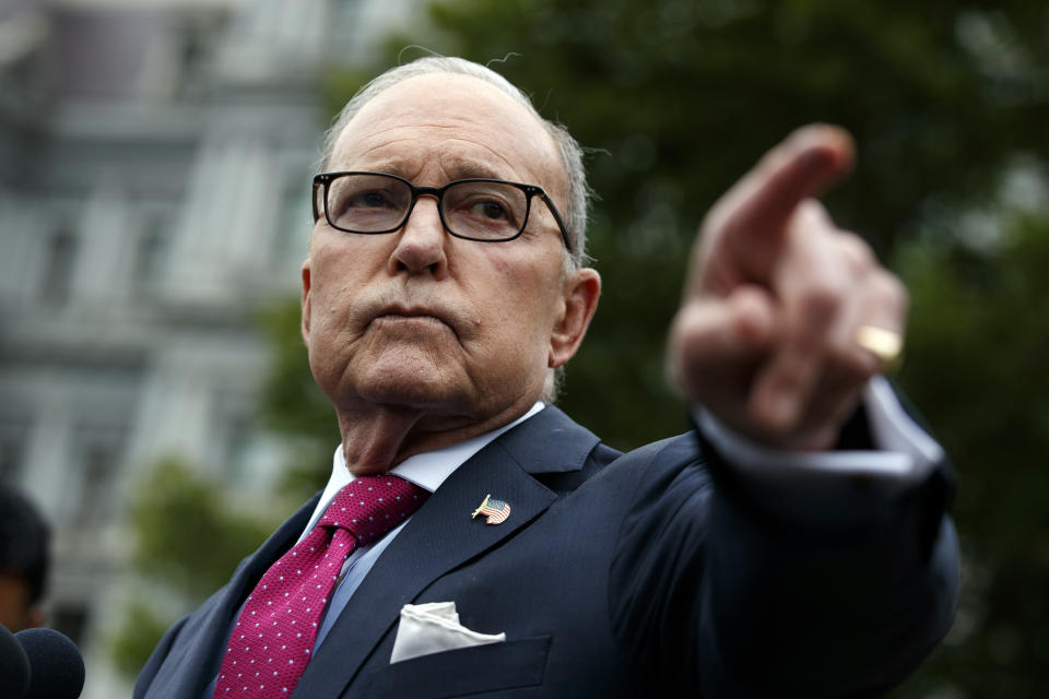 White House chief economic adviser Larry Kudlow calls on a reporter as he answers questions outside the White House, Friday, Sept. 6, 2019, in Washington. (AP Photo/Evan Vucci)