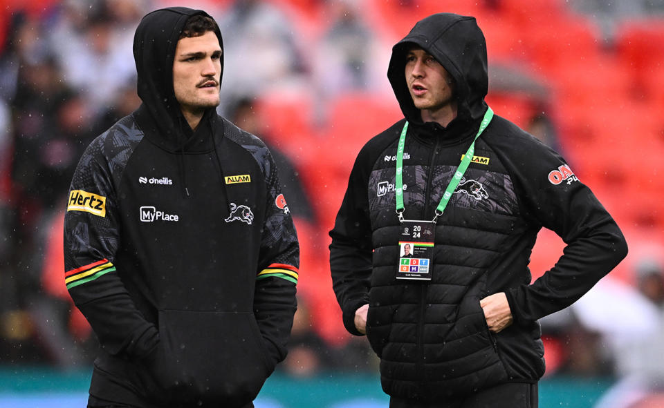 Nathan Cleary and Dylan Edwards during a Panthers game.