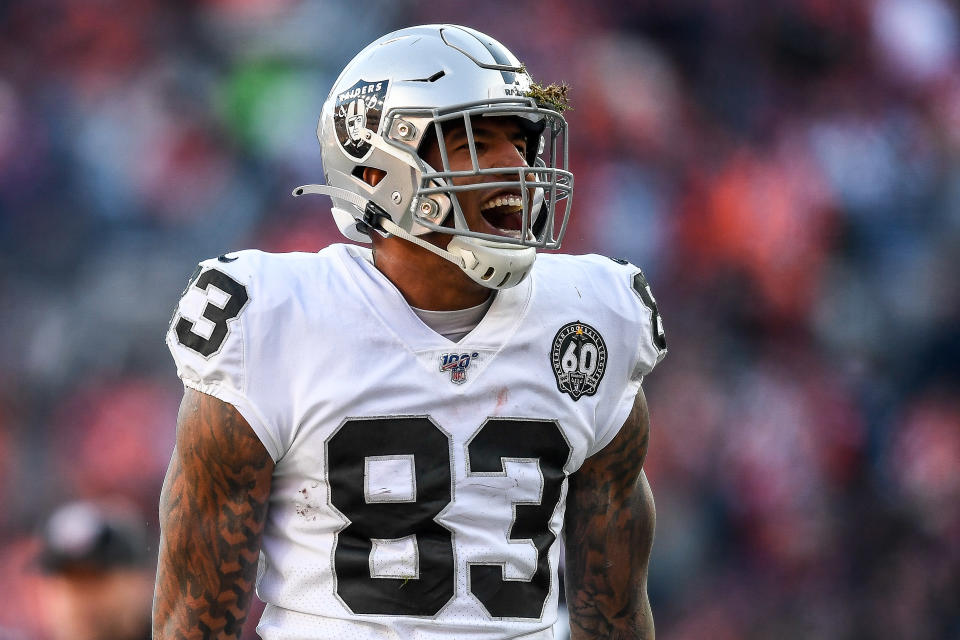 Darren Waller smiles in celebration after a reception. 