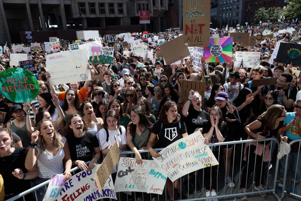 Attendees gather at Boston City Hall Plaza for the Youth Climate Strike in Boston on Sep. 20, 2019.