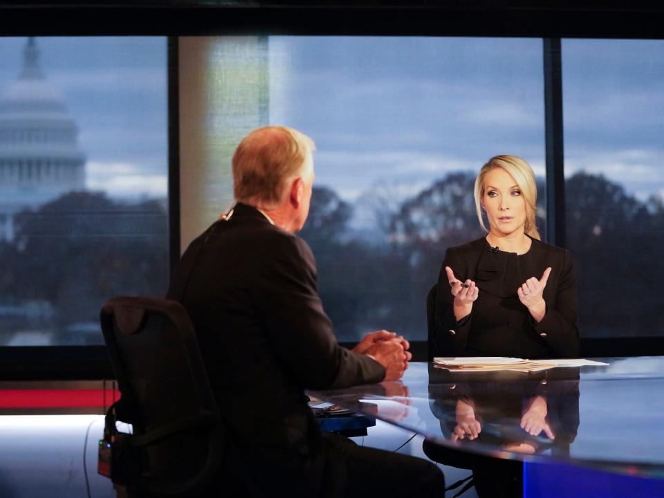 Fox News contributor and Host of the Daily Briefing, Dana Perino, right, interviewing former Vice President Dan Quayle, left, at Fox Studios in Washington, Tuesday, Dec. 4, 2018.