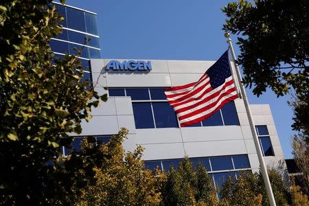 An Amgen sign is seen at the company's office in South San Francisco, California October 21, 2013. REUTERS/Robert Galbraith/File Photo