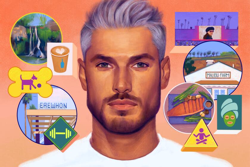 Illustration of a man's face with various activities in bubbles around his head; a coffee, shop, waterfall, food