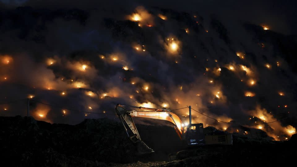 Fires burning at Ghazipur landfill site in New Delhi, India, April 22, 2024. - Adnan Abidi/Reuters