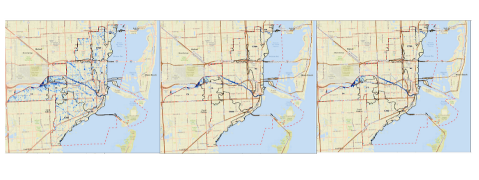 La modelización del nuevo plan maestro de aguas pluviales de Miami muestra tres escenarios en los que la ciudad se inunda con unas 10 pulgadas de lluvia en 72 horas: uno en el que no se instala nueva infraestructura de drenaje, otro en el que se construye infraestructura por $5,600 millones y otro en el que se construye infraestructura por $3,800 millones.