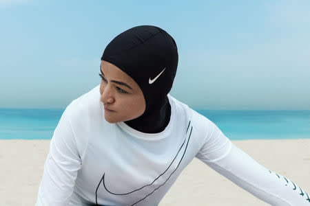 A woman poses in a Nike hijab being developed for Muslim women athletes, in an undate photo released by the company March 8, 2017. Vivienne Balla/Nike/Handout via REUTERS
