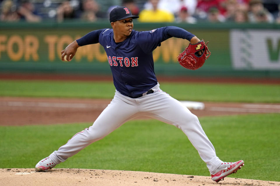 Boston Red Sox pitcher Brayan Bello delivers during the first inning of the team's baseball game against the Pittsburgh Pirates in Pittsburgh, Friday, April 19, 2024. (AP Photo/Gene J. Puskar)