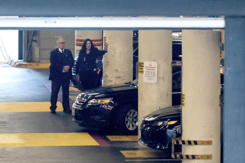 Christine Pelosi waves to her father, Paul Pelosi, husband of former House Speaker Nancy Pelosi, as he leaves the Phillip Burton Federal Building and U.S. Courthouse after testifying in the federal trial of David DePape in San Francisco, Monday, Nov. 13, 2023. Prosecutors say DePape broke into the couple's home and bludgeoned Paul Pelosi with a hammer in October 2022. (AP Photo/Noah Berger)