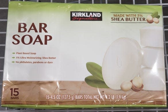 Green and white pack of Kirkland's bar soap at Costco