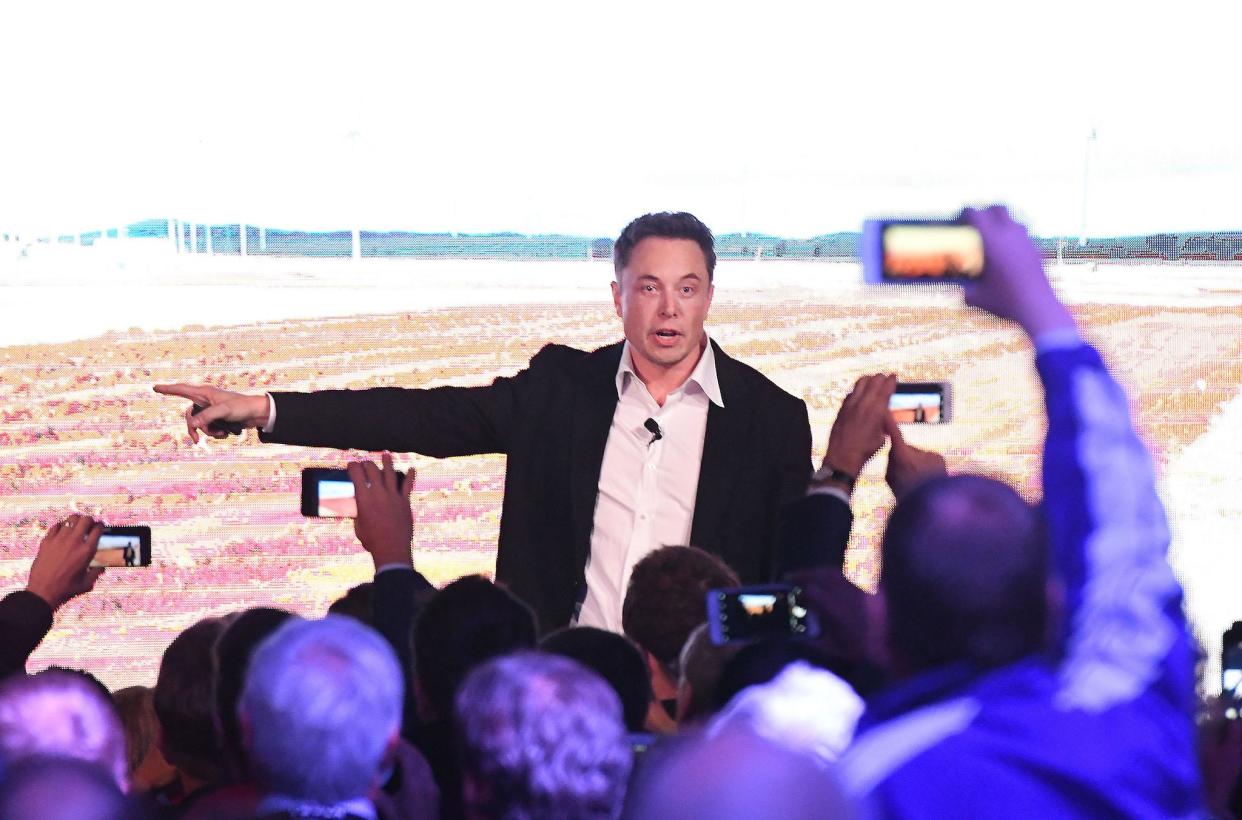 Elon Musk during his presenation at the Tesla Powerpack Launch Event at Hornsdale Wind Farm on September 29, 2017 in Adelaide, Australia: Mark Brake/Getty Images