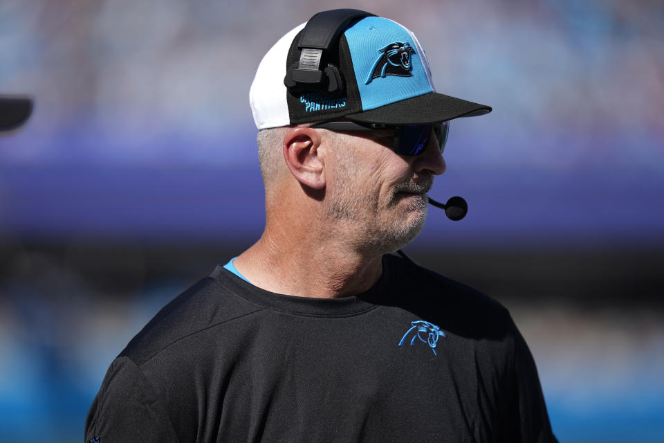 Carolina Panthers head coach Frank Reich watches play against the Houston Texans during the first half of an NFL football game, Sunday, Oct. 29, 2023, in Charlotte, N.C. (AP Photo/Erik Verduzco)