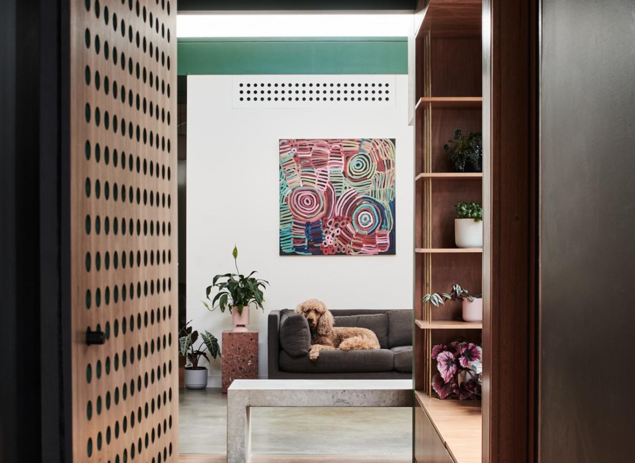  A living room with a cozy sofa, and a dog curled up on it. 