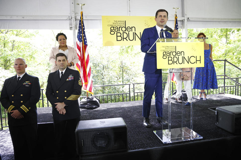 Pete Buttigieg speaks onstage during the White House Correspondents’ Weekend Garden Brunch, which took place the afternoon before Saturday’s dinner. - Credit: Photo by Paul Morigi/Getty Images for White House Correspondents Insider