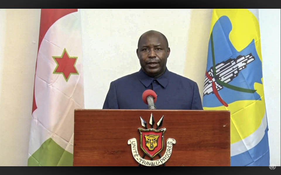 In this UNTV image, Evariste Ndayishimiye, President of Burundi, speaks in a pre-recorded video message during the 75th session of the United Nations General Assembly, Thursday, Sept. 24, 2020, at UN headquarters in New York. The U.N.'s first virtual meeting of world leaders started Tuesday with pre-recorded speeches from heads-of-state, kept at home by the coronavirus pandemic. (UNTV via AP)