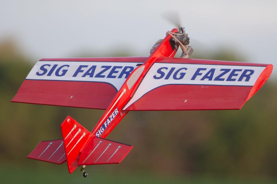 Patrick Deuser's Sig Fazer quickly starts to climb through the air after takeoff on a flight May 15 in North Topeka.