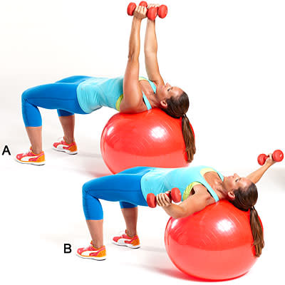 <div class="caption-credit"> Photo by: Health.com</div><div class="caption-title">Chest flies</div><i>hip flexors, chest</i> <br> <br> Lie on stability ball, feet on floor, a 5- to 8-lb dumbbell in each hand. Extend arms up. Lower arms to each side; stop at shoulder height. <br> <br> Squeeze chest to bring arms back up. Do 10. <br> <br> More from Health.com: <br> <a rel="nofollow noopener" href="http://www.health.com/health/gallery/0,,20395219,00.html" target="_blank" data-ylk="slk:20 Ways to Torch 200 Calories;elm:context_link;itc:0;sec:content-canvas" class="link ">20 Ways to Torch 200 Calories</a> <br> <a rel="nofollow noopener" href="http://www.health.com/health/gallery/0,,20448745,00.html" target="_blank" data-ylk="slk:Fastest Fat Burners Ever!;elm:context_link;itc:0;sec:content-canvas" class="link ">Fastest Fat Burners Ever!</a> <br> <a rel="nofollow noopener" href="http://www.health.com/health/gallery/0,,20464867,00.html" target="_blank" data-ylk="slk:10 Best Workouts for Your Sex Life;elm:context_link;itc:0;sec:content-canvas" class="link ">10 Best Workouts for Your Sex Life</a> <br> <a rel="nofollow noopener" href="http://www.health.com/health/gallery/0,,20306911,00.html" target="_blank" data-ylk="slk:The Best New Ways to Boost Your Metabolism;elm:context_link;itc:0;sec:content-canvas" class="link ">The Best New Ways to Boost Your Metabolism</a> <br> <a rel="nofollow noopener" href="http://www.health.com/health/gallery/0,,20531849,00.html" target="_blank" data-ylk="slk:10 Fun Ways to Get Fit Without a Gym;elm:context_link;itc:0;sec:content-canvas" class="link ">10 Fun Ways to Get Fit Without a Gym</a>