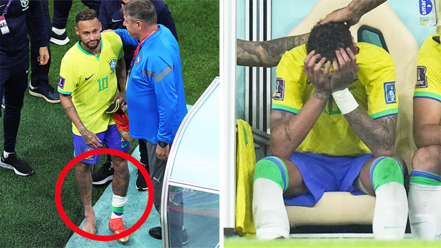 Neymar Jr. (pictured left) limping off the field with a swollen ankle and (pictured right) Neymar in tears.