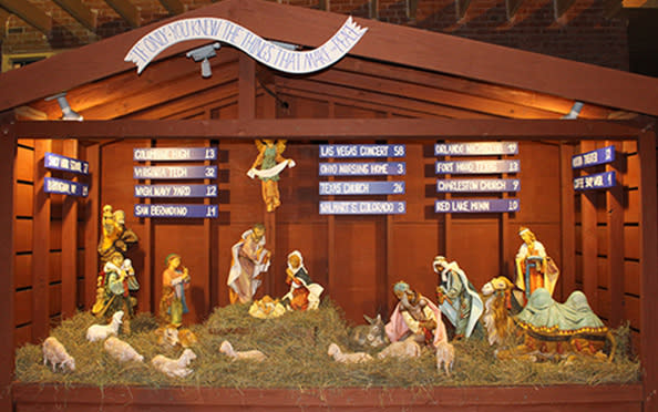 The church’s Nativity scene last year reflected on America’s deadliest shootings. (Photo: Saint Susanna Parish)