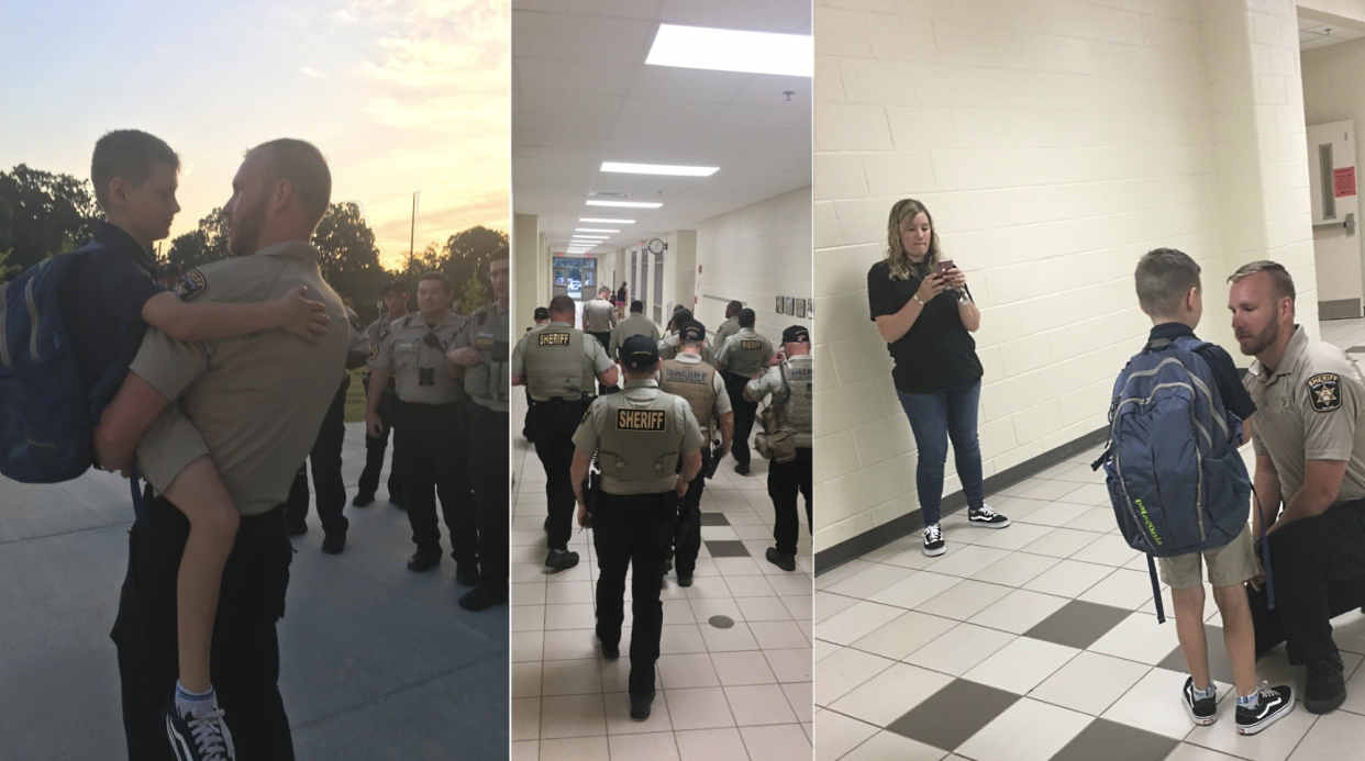 Deputies accompanied a 9-year-old for his first day of work to honor his father, a fallen officer (Credit: Facebook)