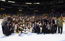 <p>Pittsburgh Penguins players and staff pose for a team photo after defeating the Nashville Predators in Game 6 of the 2017 Stanley Cup Final at Bridgestone Arena. Credit: Christopher Hanewinckel-USA TODAY Sports </p>