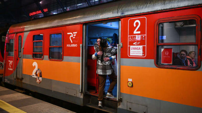 A train carrying Ukrainian refugees in Krakow.