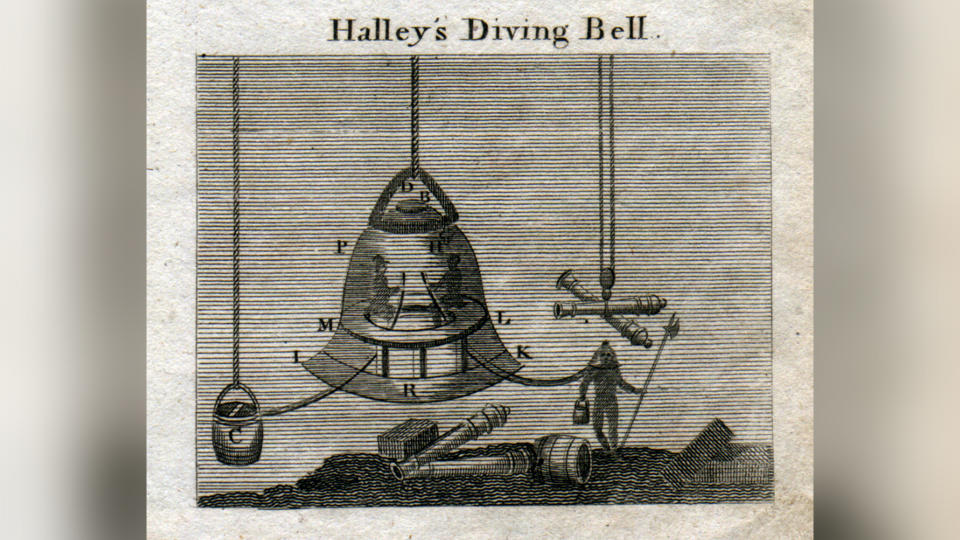 Several designs for diving bells were produced in the 17th century; one of the most famous is this 1690 design by the English scientist Edmond Halley, who discovered Halley's Comet.