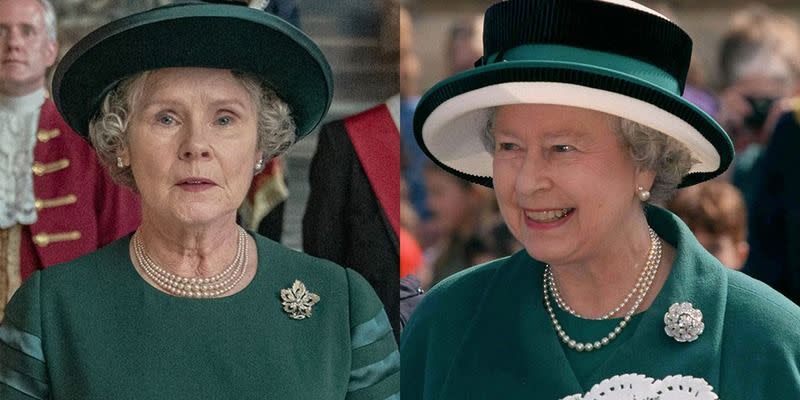 <p>Besides the white brim on the hat, this green outfit Queen Elizabeth wore to a 1999 service at Bristol Cathedral is nearly identical to Imelda Staunton's look in season 5. Even the smallest details, from her dainty pearl earrings to her broach, match.</p>