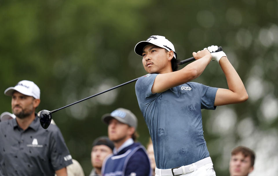 Australia's Min Woo Lee plays off the 18th tee during day four of the British Masters at The Belfry, Sutton Coldfield, England, Sunday July 2, 2023. (David Davies/PA via AP)