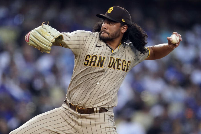 San Diego Padres starting pitcher Sean Manaea throws to a Los Angeles Dodgers batter during the third inning of a baseball game Saturday, Sept. 3, 2022, in Los Angeles. (AP Photo/Marcio Jose Sanchez)