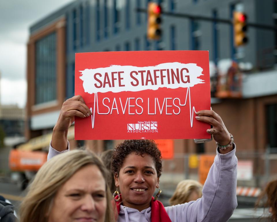 Julisa LeBron took part in a New York State Nurses Association event in downtown Utica on Tuesday, Oct. 18, 2023 to protest cuts to certain benefits for some nurses after the Mohawk Valley Health System's Wynn Hospital opens.