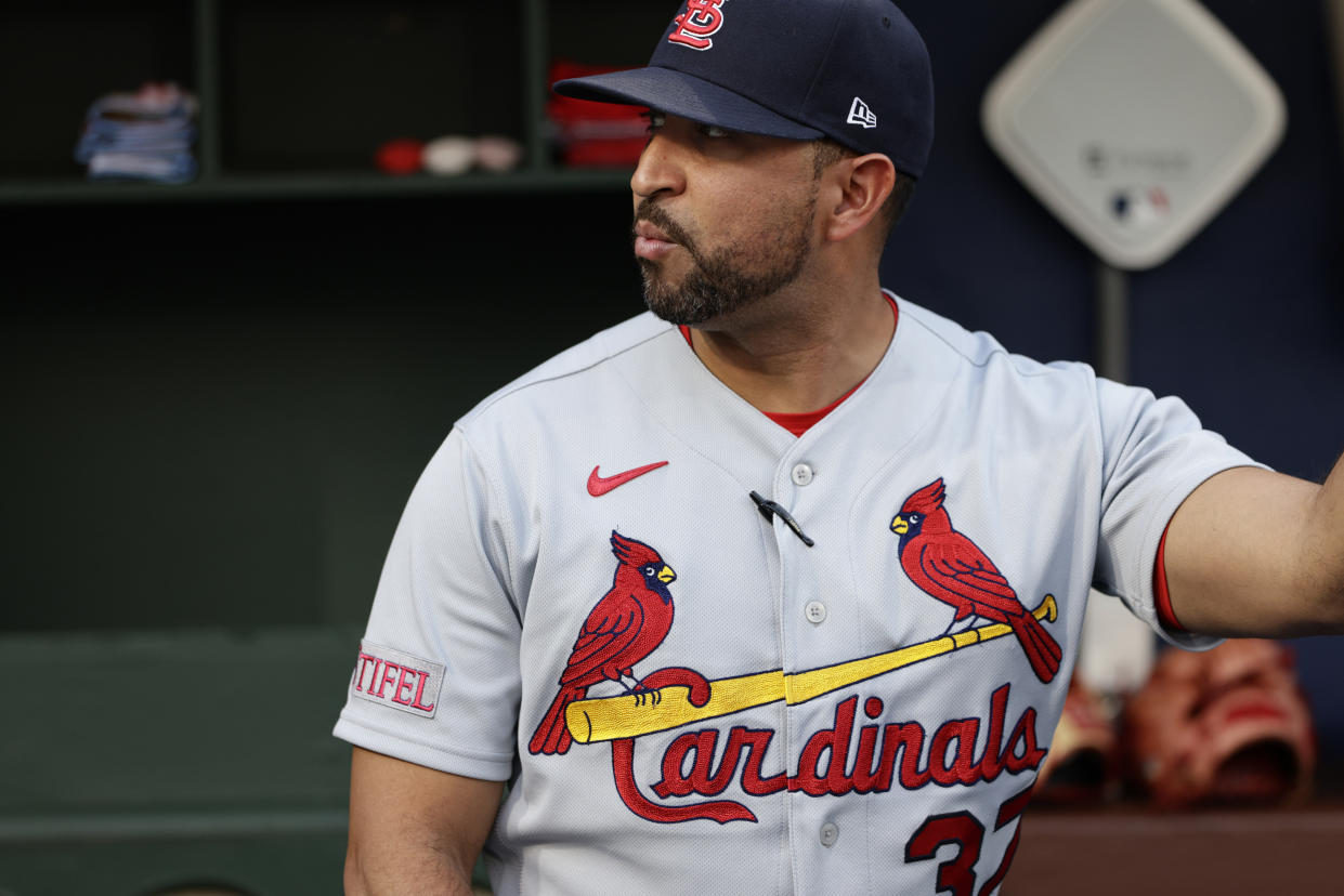 PHILADELPHIA, PENNSYLVANIA - AUGUST 25:  Manager Oliver Marmol #37 of the St. Louis Cardinals looks on before a game against the Philadelphia Phillies at Citizens Bank Park on August 25, 2023 in Philadelphia, Pennsylvania. (Photo by Rich Schultz/Getty Images)