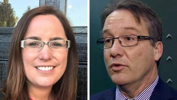 Alberta MLAs Angela Pitt, left, and Drew Barnes, right, have quit a coalition of current and former federal and provincial politicians protesting public health restrictions. (Canadian Press, CBC - image credit)