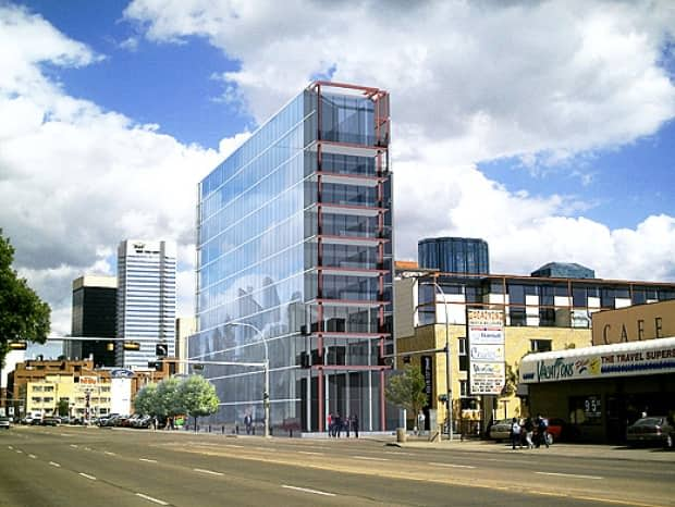 This office tower in downtown Edmonton was retrofitted with solar panels in 2017 to generate 80 per cent of its power.  (Dub Architects Ltd. - image credit)