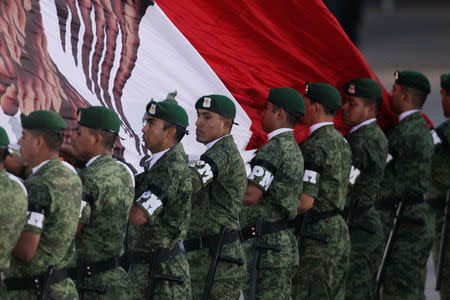 Soldiers hold a Mexico's flag during a flag-raising ceremony honouring the victims of the September 1985 and 2017 earthquakes at Zocalo square in Mexico City, Mexico September 19, 2018. REUTERS/Daniel Becerril