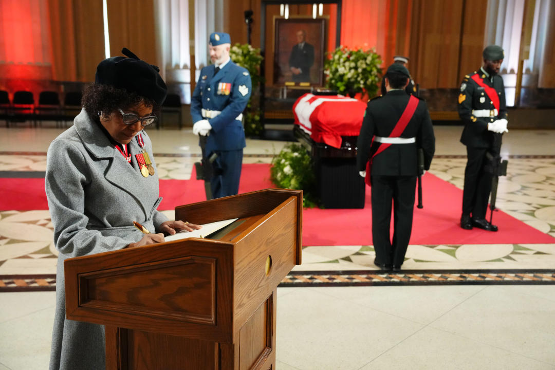 Former governor general Michaelle Jean pays her respects as former prime minister Brian Mulroney lies in state in the Sir John A. Macdonald building opposite Parliament Hill in Ottawa on Tuesday, March 19, 2024. THE CANADIAN PRESS/Sean Kilpatrick