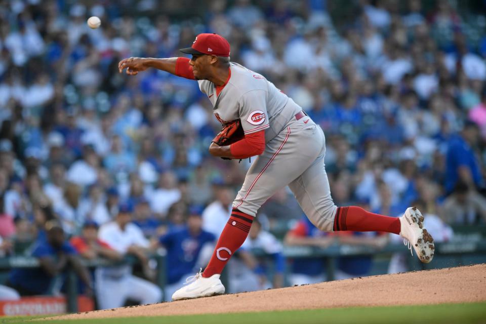 Cincinnati Reds starter Hunter Greene throws to a Chicago Cubs batter during the first inning of a baseball game Wednesday, June 29, 2022, in Chicago.