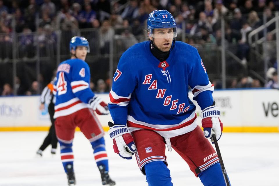 New York Rangers' Blake Wheeler (17) during the second period of an NHL hockey game against the Vancouver Canucks Monday, Jan. 8, 2024, in New York.