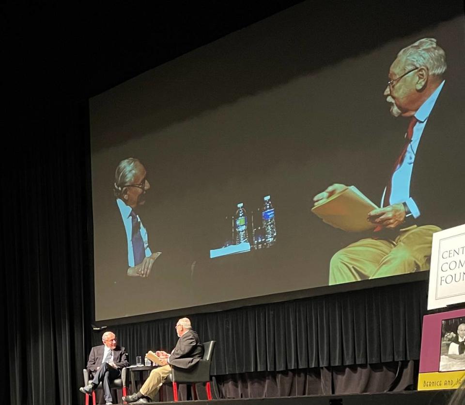 Jim Boren, former executive editor of the Fresno Bee and current executive director of the Institute for Media and Public Trust at Fresno State, interviews Bob Woodward during the San Joaquin Valley Town Hall on Wednesday, March 29, 2023.