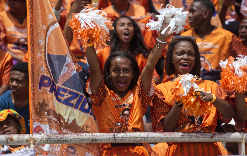 Ruling party supporters of President, Andry Rajoelina, attend an election rally in Antananarivo, Sunday Nov. 12, 2023. Madagascar's Andry Rajoelina is pushing ahead with a presidential election, Thursday, Nov. 16, that could give him a third term, even as opposition protests roil the country and the majority of candidates have announced a boycott. (AP Photo/Alexander Joe)