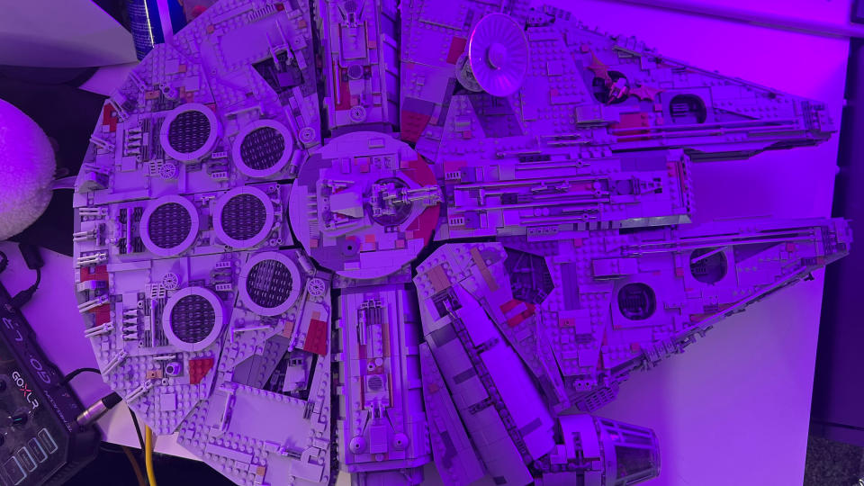 A top-down view of the Lego UCS Millennium Falcon, fully assembled