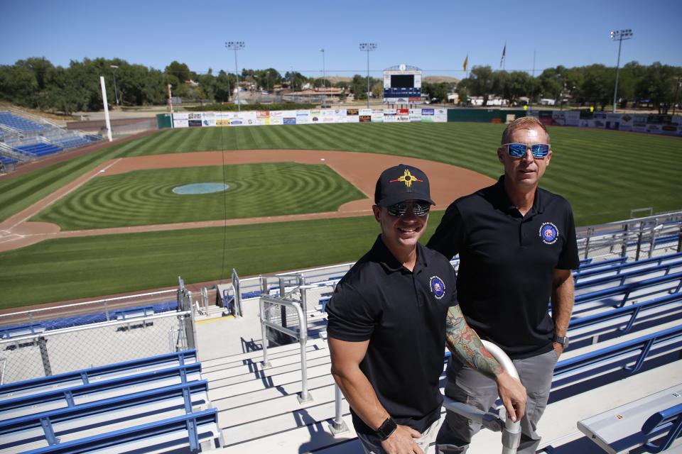 Coordinators Kilian Carey, left, and Eric Ivie of the Four Corners 9/11 Memorial Stair Climb are hoping for 500 participants in this year's event at Ricketts Park this weekend.