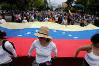 Demonstrators hold a Venezuelan flag while rallying against Venezuela's President Nicolas Maduro in Caracas, Venezuela May 1, 2017. REUTERS/Carlos Garcia Rawlins