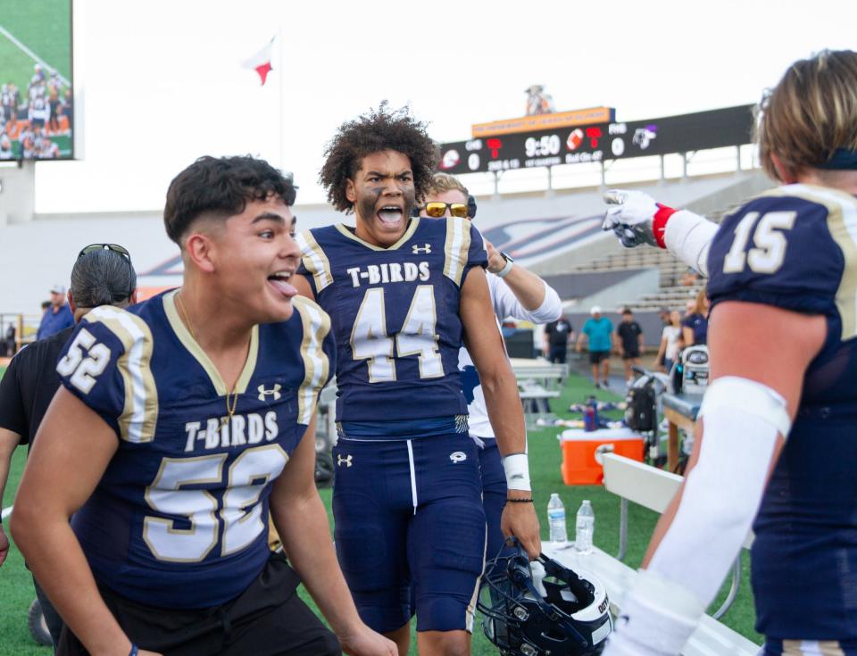 Members of the Coronado football team celebrate after scoring a touchdown against Franklin at the Sun Bowl on Sept. 7, 2023 in El Paso, Texas.