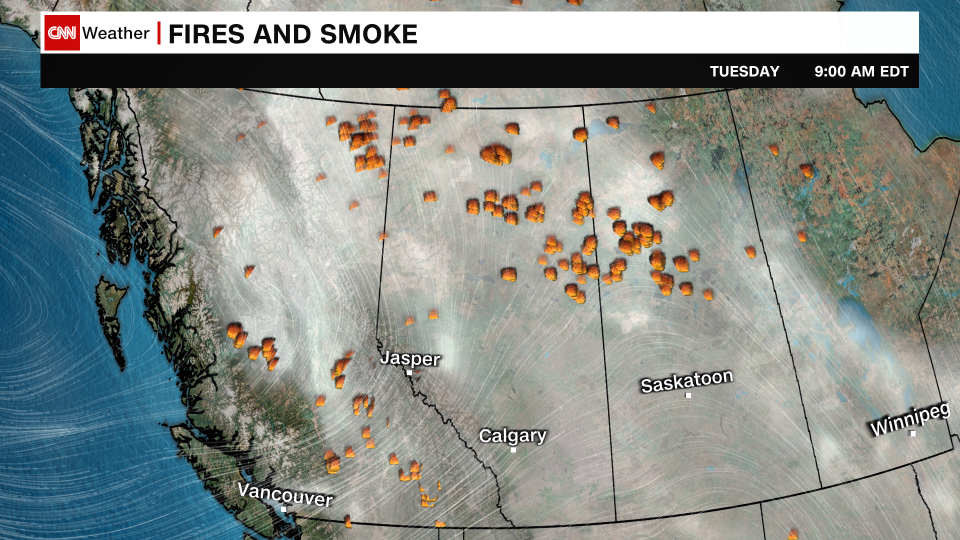 Hundreds of wildfires in the Canadian provinces of British Columbia, Alberta and Saskatchewan are producing widespread plumes of smoke on the surface and higher in the atmosphere.  -CNN Weather