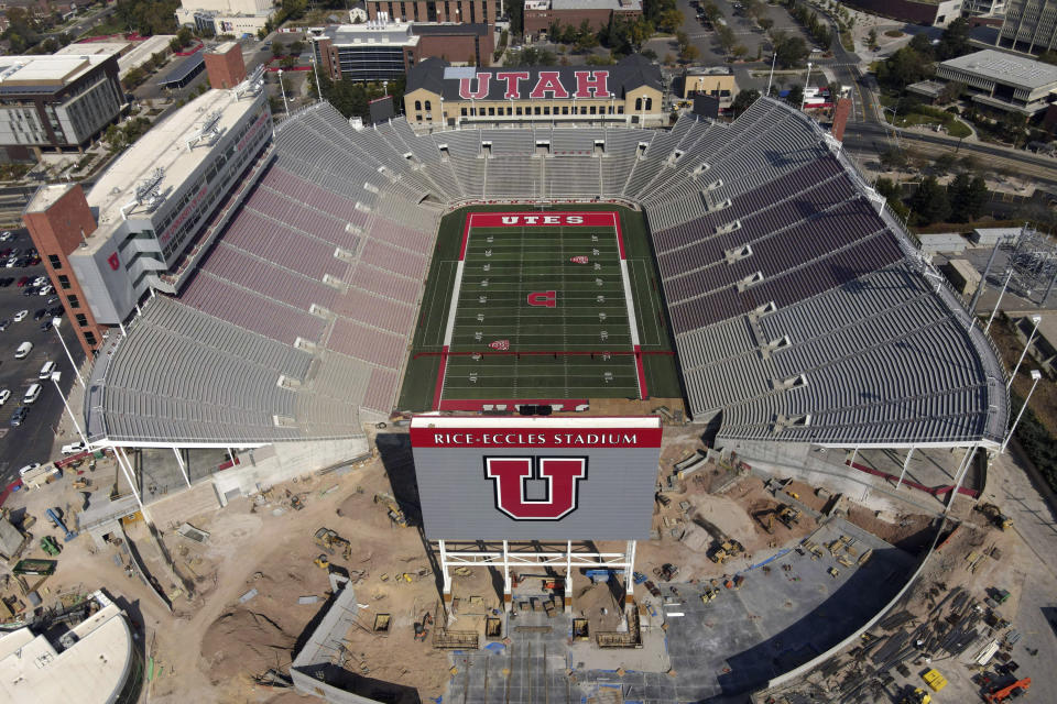 FILE - This Oct. 4, 2020 file drone photo, shows an aerial view of the University of Utah's Rice-Eccles Stadium in Salt Lake City. The season opener scheduled for Saturday between Utah and Arizona in Salt Lake City was canceled following a request from the Utes due to what the Pac-12 said were a number of COVID-19 cases among Utah players.(AP Photo/Julio Cortez. File)