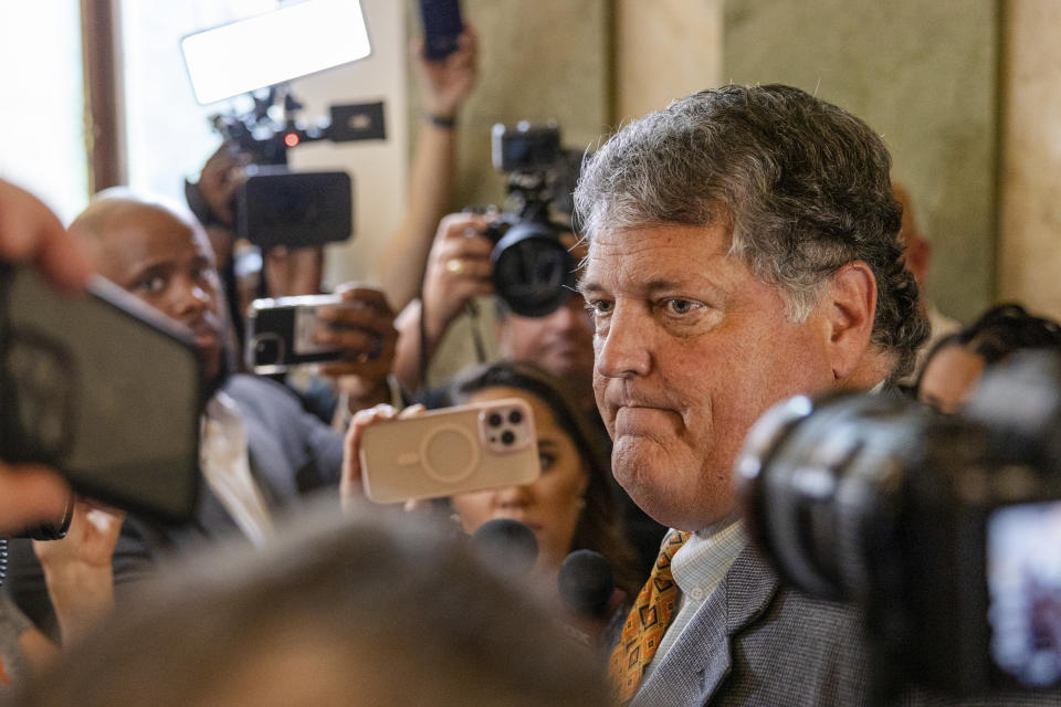 Jeff German. a representative for the Presley family, speaks to members of the media following at court hearing, Wednesday, May 22, 2024, in Memphis, Tenn. A Tennessee judge on Wednesday blocked the auction of Graceland, the former home of Elvis Presley, by a company that claimed his estate failed to repay a loan that used the property as collateral. (Benjamin Naylor/Daily Memphian via AP)